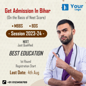 Image promoting MBBS and BDS admissions in Bihar based on NEET scores for the 2023-24 session.