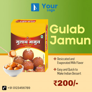 Packaging of Gulab Jamun mix with a bowl of prepared Gulab Jamun