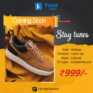 Sneaker advertisement with 'Coming Soon' text and shoe details.
