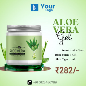 Image of Aloe Vera Gel in a glass jar with aloe vera leaves and product details.