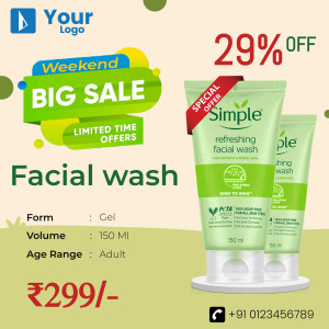 Promotional image for Simple facial wash with a 29% discount.