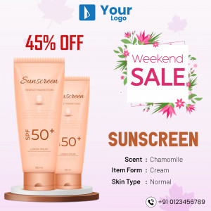Sunscreen tubes with a 45% off weekend sale promotion.