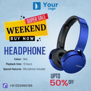 Blue Sony headphones on sale with a weekend promotion banner.