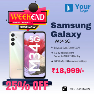 Samsung Galaxy M34 5G smartphone advertisement with 25% off