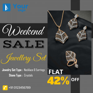 Promotional image for a weekend jewellery sale featuring a diamond necklace and earring set.