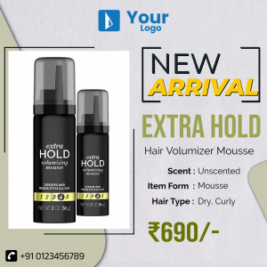 Image of Extra Hold Hair Volumizer Mousse in black bottles with a red border and 'New Arrival' text.