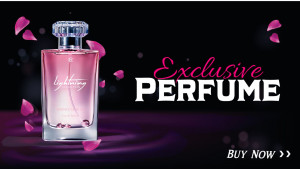 Elegant perfume bottle with falling petals and the text 'Exclusive Perfume'