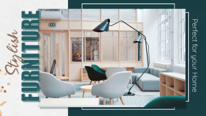 Modern living room with stylish furniture and a large arched floor lamp