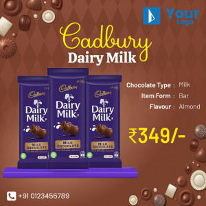 Three Cadbury Dairy Milk chocolate bars with price and product details.