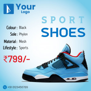 Blue and black sport shoes with price tag