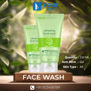 Image of refreshing facial wash tube with green packaging and aloe vera ingredients.