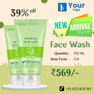 Promotional image of refreshing facial wash with a 39% discount.