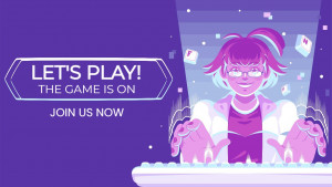 Illustration of a girl with gaming controllers and falling game elements, promoting a gaming event.