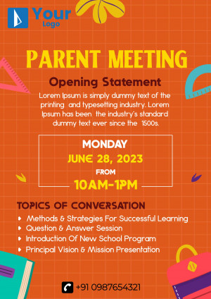 Orange and blue parent meeting announcement with school supplies illustrations.