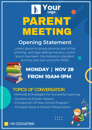 Parent meeting flyer with books and a child illustration