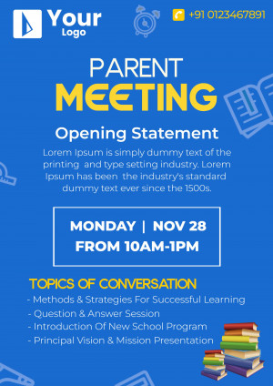 Blue and yellow parent meeting announcement with school supplies illustrations.