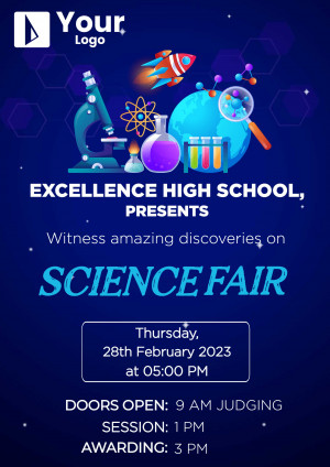Science Fair poster with rocket, microscope, and science equipment