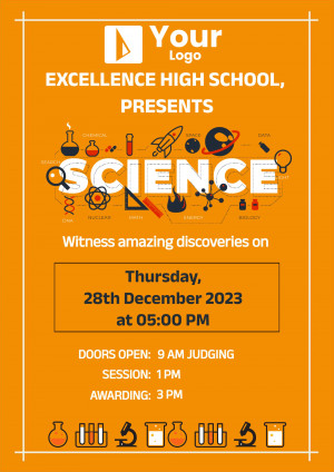 Poster advertising a science event at Excellence High School with science-related imagery.