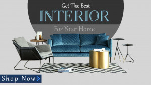 Modern living room interior with a blue sofa and stylish furniture