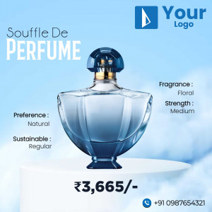 Advertisement for Souffle De Perfume with a blue bottle and price details.
