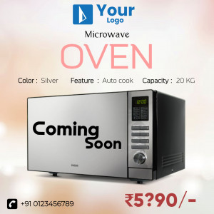 Silver microwave oven with 'Coming Soon' text and price tag.