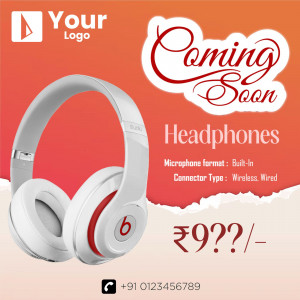 Image of white headphones with red accents announcing a new product launch.