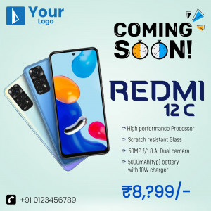 Redmi 12C smartphone advertisement with price and features.