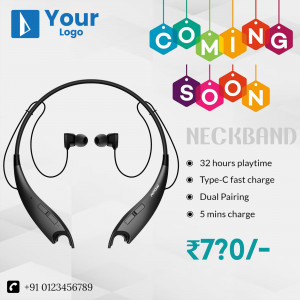 Image of black neckband headphones with 'Coming Soon' text and product features.