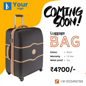 Black luggage bag with 'Coming Soon!' text and product details.