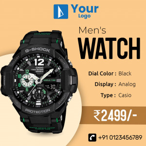 Close-up of a black Casio G-Shock men's watch with price and contact information.