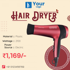 Red hair dryer with product details and price