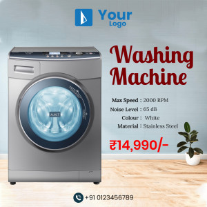 Front view of a silver washing machine with product details and price.