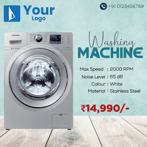 Front view of a silver Samsung washing machine with product details and price.