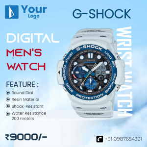 White and blue G-Shock digital wristwatch with features listed