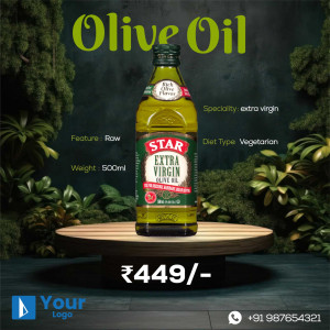Bottle of Star Extra Virgin Olive Oil on a wooden platform with a dark green background.