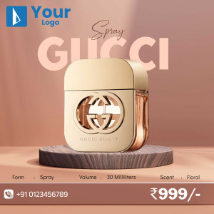 Gucci Guilty perfume spray bottle on a pedestal