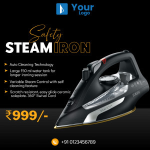 Black and silver steam iron with price and features listed