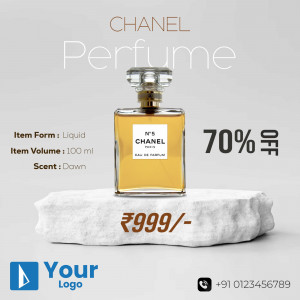 Chanel No. 5 perfume bottle on a white rock platform with price tag