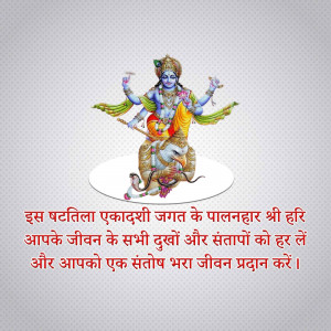 Image of Lord Krishna playing the flute while seated on Sheshnag, with Hindi text.