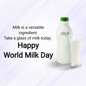 Image of a bottle and glass of milk with text celebrating World Milk Day.