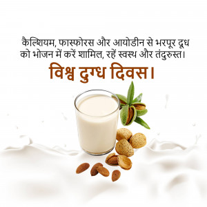 Glass of milk with almonds and text promoting milk consumption