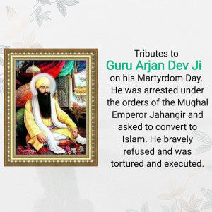 Portrait of Guru Arjan Dev Ji with text commemorating his Martyrdom Day