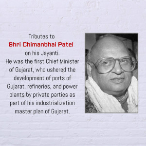 Black and white portrait of Shri Chimanbhai Patel, the first Chief Minister of Gujarat.