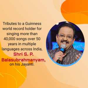 Portrait of S. P. Balasubrahmanyam with text honoring his musical achievements.