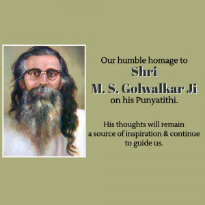Portrait of Shri M. S. Golwalkar Ji with a tribute message