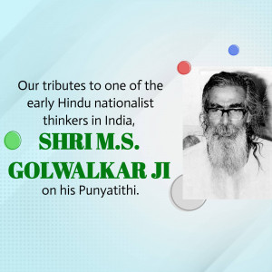 Portrait of Shri M.S. Golwalkar Ji with text commemorating his Punyatithi