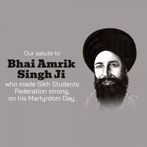 Portrait of Bhai Amrik Singh Ji with text commemorating his martyrdom.
