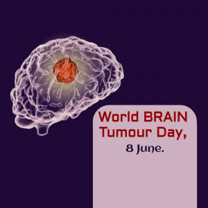Illustration of a brain with a highlighted tumor, promoting World Brain Tumour Day