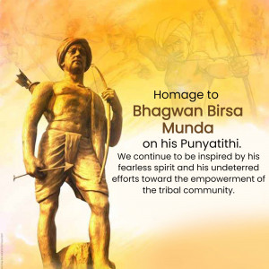 Statue of Bhagwan Birsa Munda with text commemorating his Punyathithi