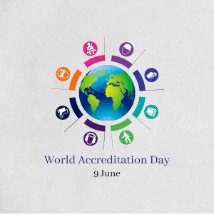 World Accreditation Day graphic with a globe and icons representing various fields.